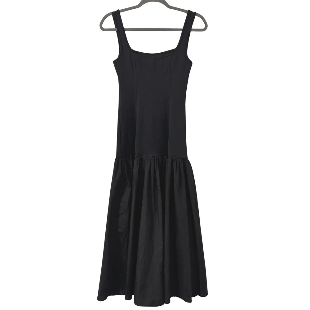 Commense Black Midi Dress S Square Neck Fit Flare Drop Waist Bodice Ballet - Picture 4 of 5